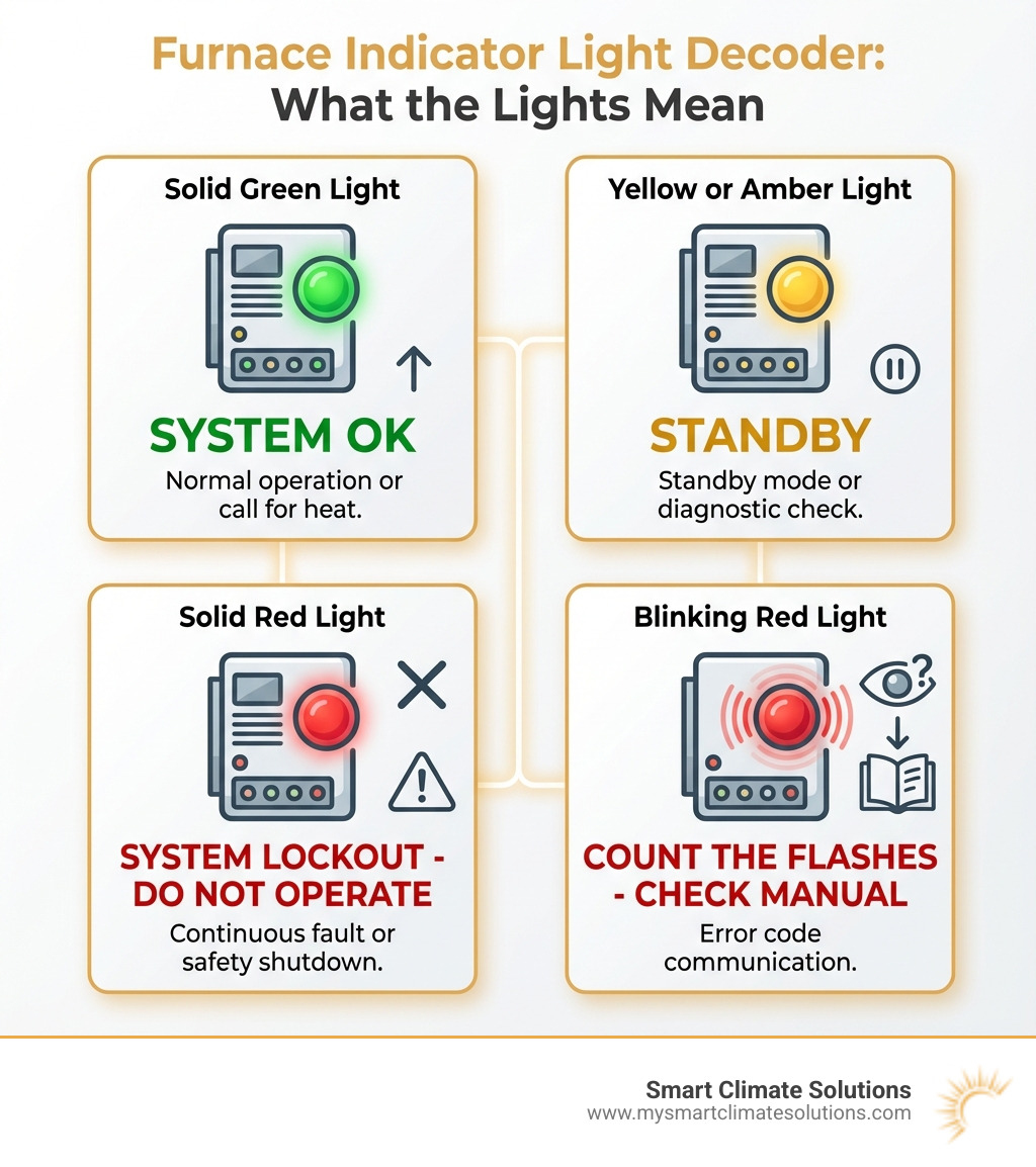 Infographic showing furnace indicator light meanings: Green light means normal operation or call for heat with text 'System OK'; Yellow or Amber light means standby mode or diagnostic check with text 'Standby'; Solid Red light means continuous fault or safety shutdown with text 'System Lockout - Do Not Operate'; Blinking Red light means error code communication with text 'Count the Flashes - Check Manual' - furnace red light infographic 