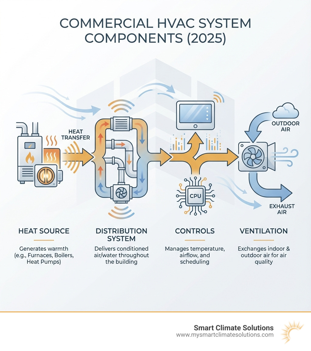 infographic showing the key components of a commercial HVAC system including heat source, distribution system, controls, and ventilation with arrows showing airflow and heat transfer - Commercial heating system infographic 