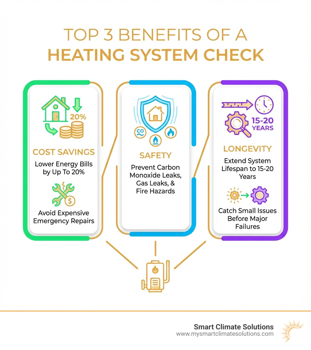 Infographic showing the top 3 benefits of a heating system check: 1. Cost Savings - Lower energy bills by up to 20% and avoid emergency repairs. 2. Safety - Prevent carbon monoxide leaks, gas leaks, and fire hazards through regular inspections. 3. Longevity - Extend system lifespan to 15-20 years with annual maintenance and catch small issues before they become major failures. - Heating system check infographic 