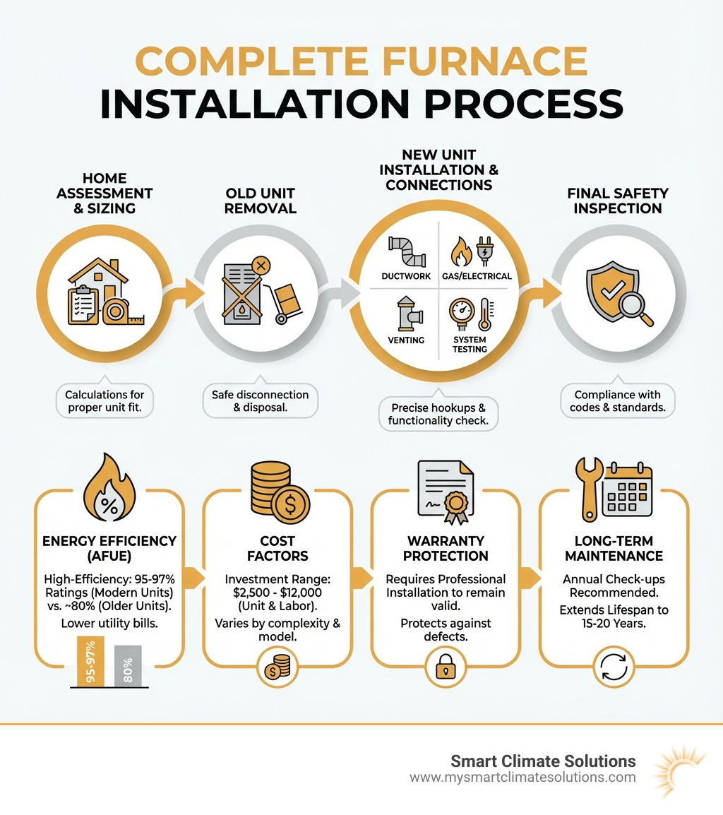 Infographic showing the complete furnace installation process, from initial home assessment and old unit removal through proper sizing calculations, ductwork connections, gas and electrical hookups, venting installation, system testing, and final safety inspections, with emphasis on energy efficiency ratings (AFUE), cost factors, warranty protection, and long-term maintenance requirements - install hvac furnace infographic 