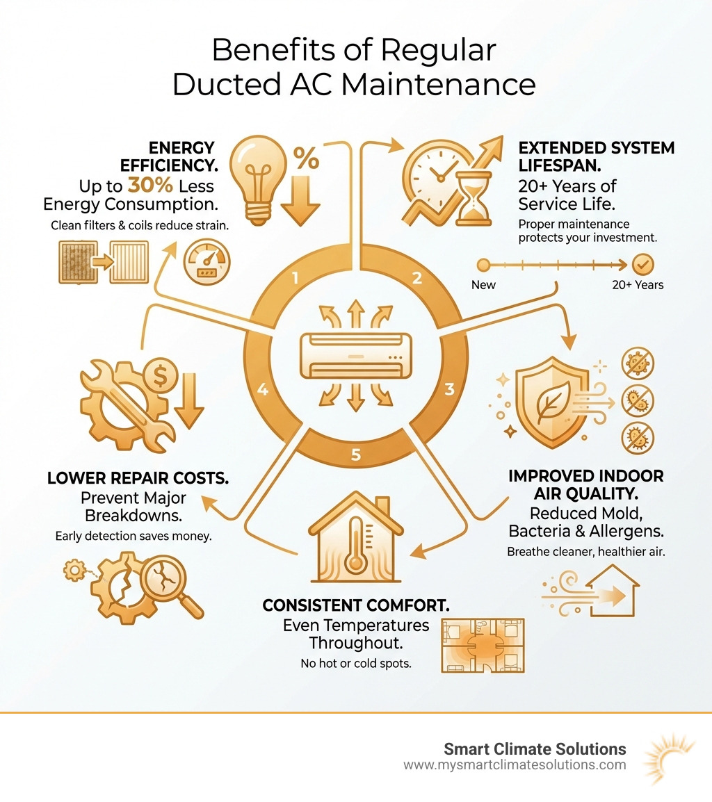 Infographic showing the key benefits of regular ducted air conditioning maintenance: Energy Efficiency with clean filters and coils reducing energy consumption by up to 30%, Extended System Lifespan with proper maintenance extending life to 20+ years, Improved Indoor Air Quality with reduced mold bacteria and allergens, Lower Repair Costs with early detection preventing major breakdowns, and Consistent Comfort with even temperatures throughout your home - ducted air conditioning maintenance infographic 