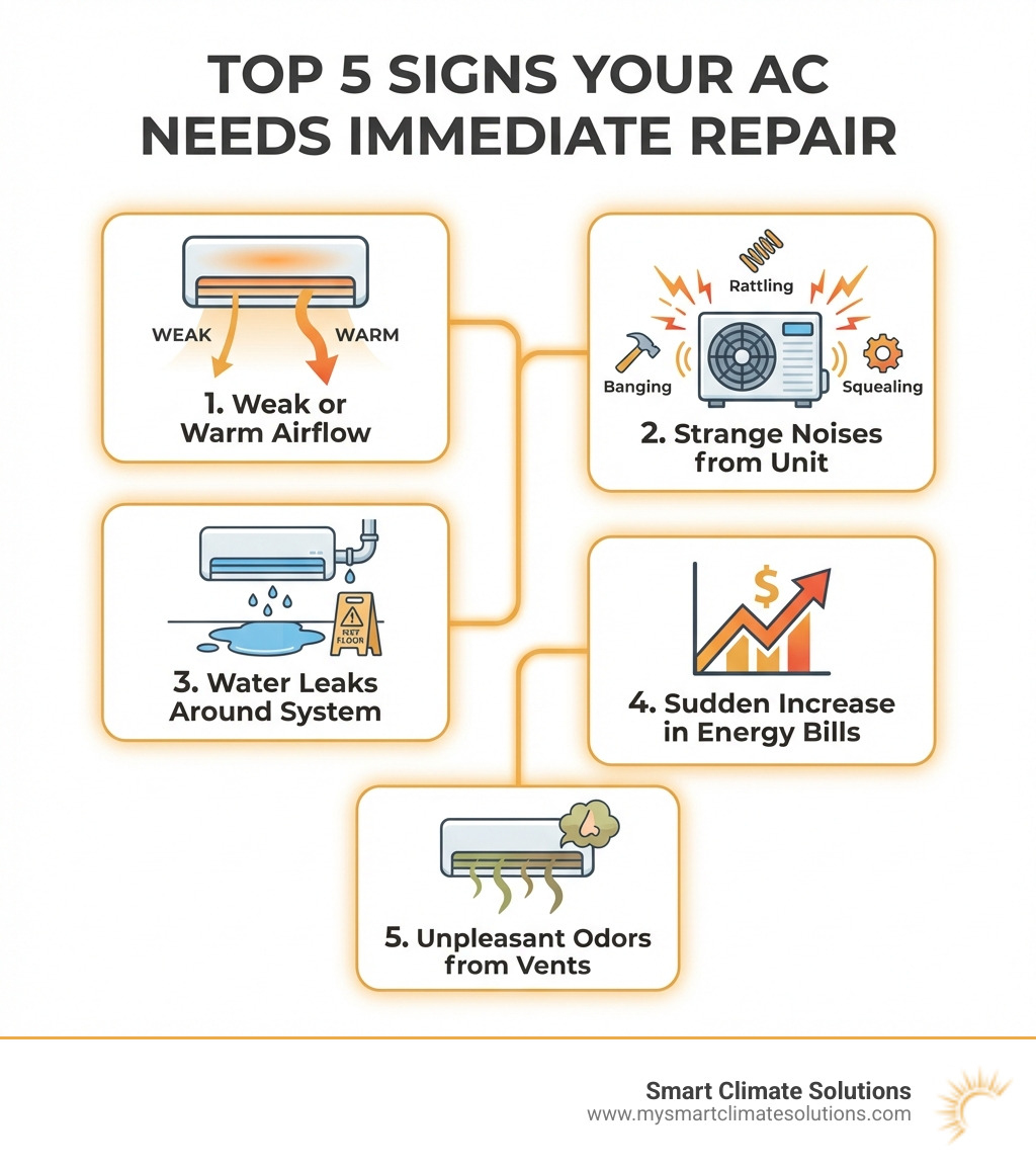 Infographic showing the top 5 signs your AC needs immediate repair: 1. Weak or warm airflow, 2. Strange noises from the unit, 3. Water leaks around the system, 4. Sudden increase in energy bills, 5. Unpleasant odors from vents - Air conditioning repair PA infographic 