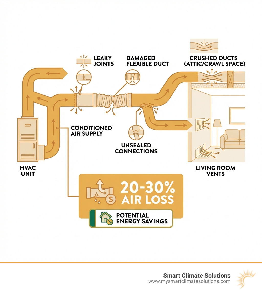 infographic showing the path of air from an HVAC unit through supply ducts into a living room, with callouts highlighting common leak points at joints, damaged flexible duct sections, unsealed connections, and crushed ducts in attics or crawl spaces, alongside statistics showing 20-30% air loss and potential energy savings - air duct replacement infographic 