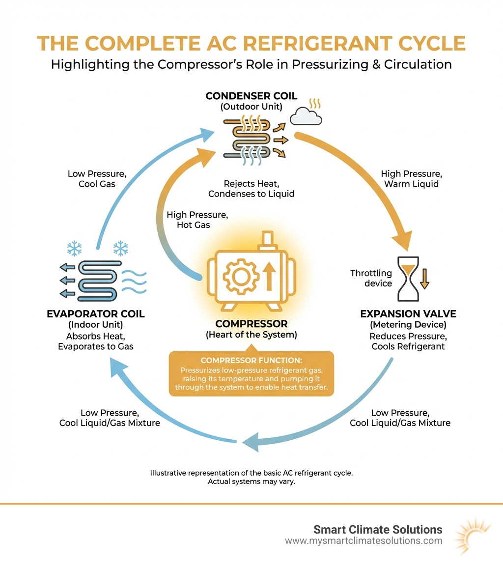 infographic explaining the complete AC refrigerant cycle, highlighting the compressor's role in pressurizing the refrigerant - new AC compressor installation infographic infographic explaining the complete AC refrigerant cycle, highlighting the compressor's role in pressurizing the refrigerant - new AC compressor installation infographic