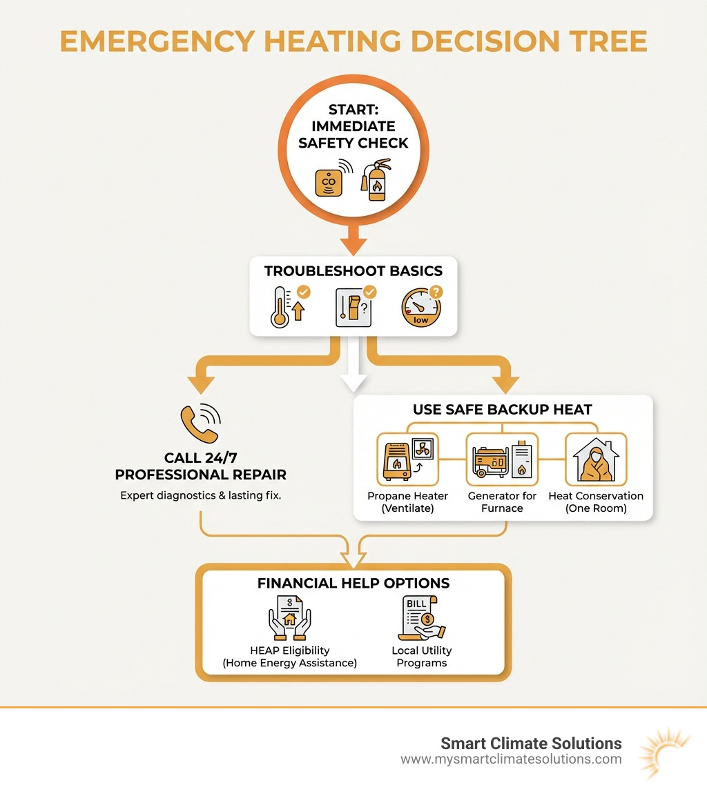 Infographic showing emergency heating decision tree: Start with immediate safety check (CO detector, fire extinguisher ready), then troubleshoot basics (thermostat, breaker, fuel), next decide between calling 24/7 professional repair versus using safe backup heat (propane heater with ventilation, generator for furnace, or heat conservation in one room), plus financial help options including HEAP eligibility and local utility programs - emergency heating solutions infographic Infographic showing emergency heating decision tree: Start with immediate safety check (CO detector, fire extinguisher ready), then troubleshoot basics (thermostat, breaker, fuel), next decide between calling 24/7 professional repair versus using safe backup heat (propane heater with ventilation, generator for furnace, or heat conservation in one room), plus financial help options including HEAP eligibility and local utility programs - emergency heating solutions infographic