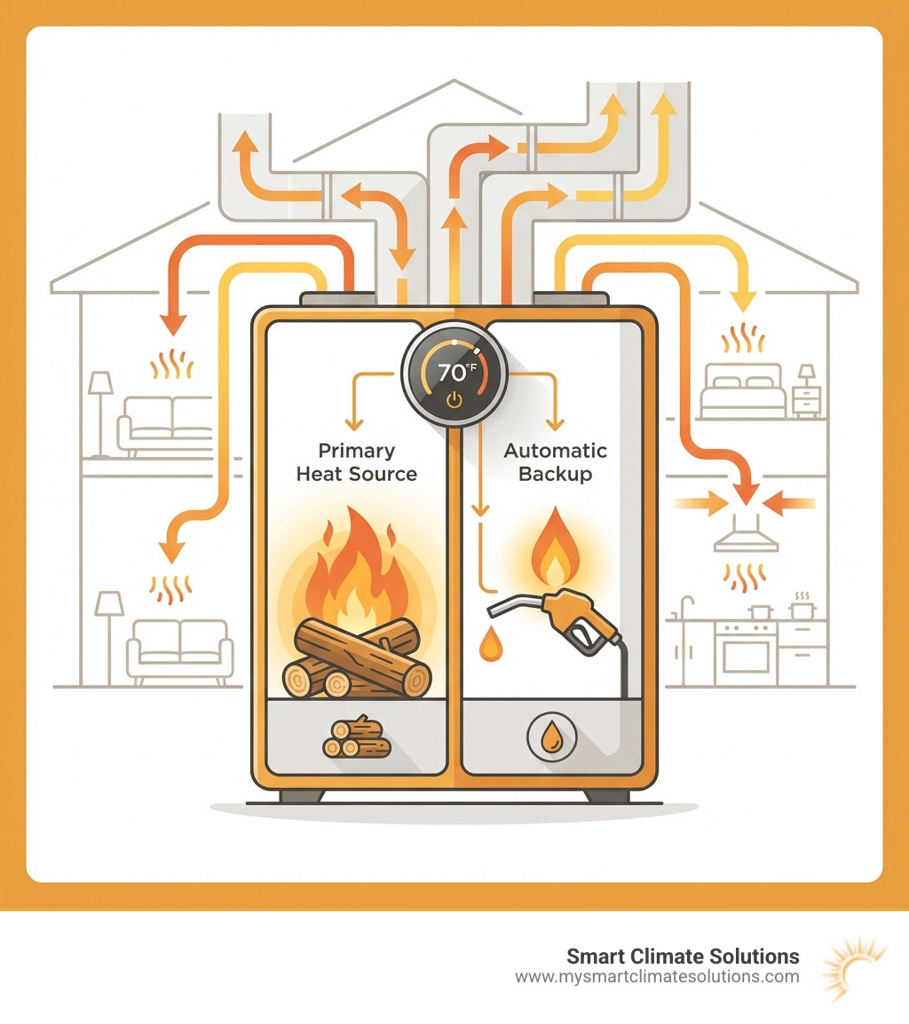 Infographic showing wood oil combo furnace operation with two chambers: wood chamber on left with logs and flames labeled "Primary Heat Source", oil burner chamber on right labeled "Automatic Backup", thermostat in center controlling both, and arrows showing heat distribution through ductwork to home - wood oil combo furnace infographic 