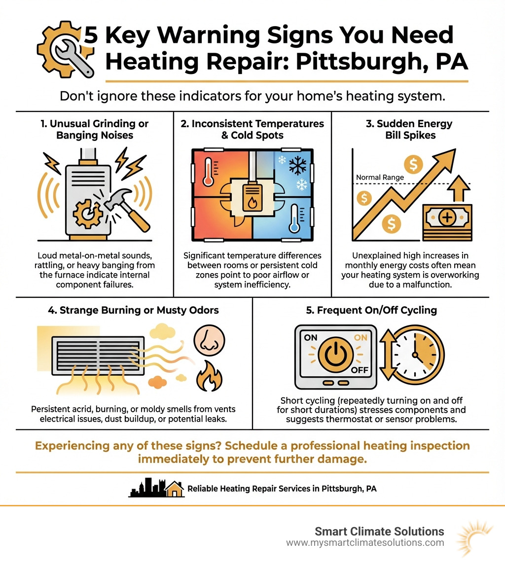 infographic showing five key warning signs you need heating repair: unusual grinding or banging noises from the furnace, rooms with inconsistent temperatures or cold spots, sudden unexplained spikes in monthly energy bills, strange burning or musty odors from vents, and heating system cycling on and off more frequently than normal - heating repair Pittsburgh PA infographic 