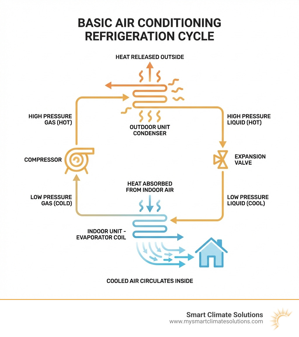Infographic explaining the basic air conditioning refrigeration cycle. - LG AC evaporator coil infographic Infographic explaining the basic air conditioning refrigeration cycle. - LG AC evaporator coil infographic