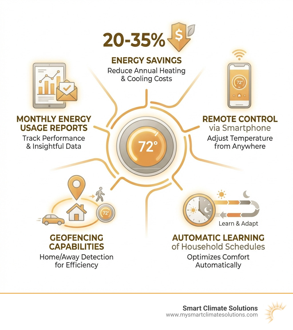 infographic showing smart thermostat benefits including 20-35% energy savings, remote control via smartphone, automatic learning of household schedules, geofencing capabilities, and monthly energy usage reports - Smart thermostat installation PA infographic infographic showing smart thermostat benefits including 20-35% energy savings, remote control via smartphone, automatic learning of household schedules, geofencing capabilities, and monthly energy usage reports - Smart thermostat installation PA infographic