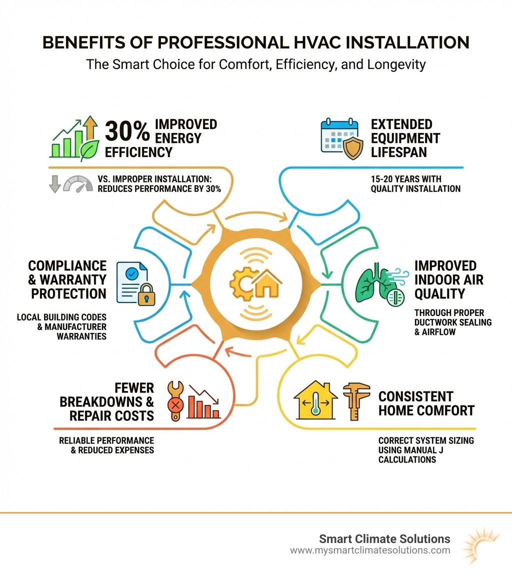 infographic showing benefits of professional HVAC installation: 30% improved energy efficiency with proper installation versus improper installation reducing performance by 30%, extended equipment lifespan of 15-20 years with quality installation, improved indoor air quality through proper ductwork sealing and airflow, consistent home comfort with correct system sizing using Manual J calculations, fewer breakdowns and repair costs, and compliance with local building codes and manufacturer warranties - installing hvac infographic infographic showing benefits of professional HVAC installation: 30% improved energy efficiency with proper installation versus improper installation reducing performance by 30%, extended equipment lifespan of 15-20 years with quality installation, improved indoor air quality through proper ductwork sealing and airflow, consistent home comfort with correct system sizing using Manual J calculations, fewer breakdowns and repair costs, and compliance with local building codes and manufacturer warranties - installing hvac infographic