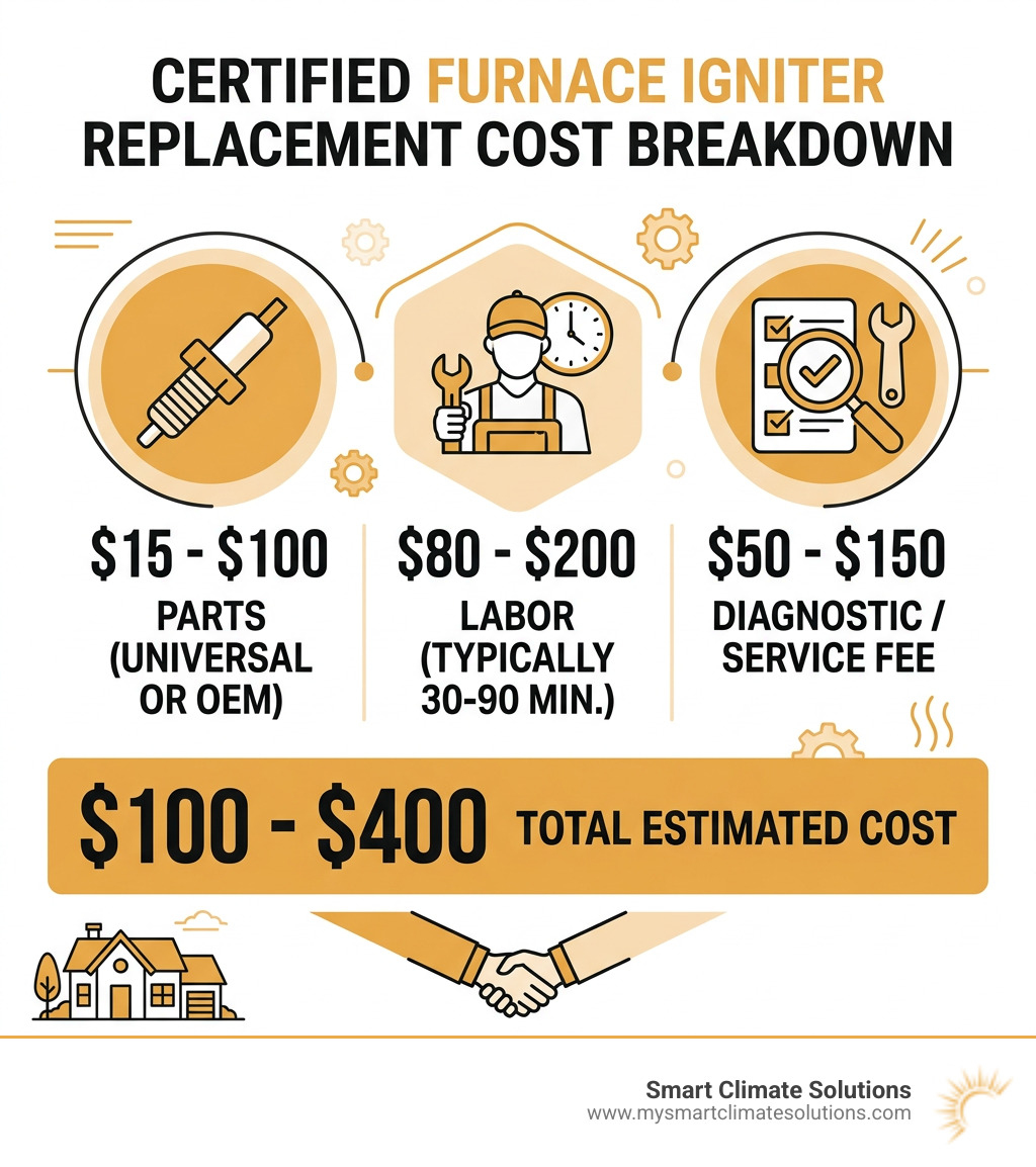 Infographic showing furnace igniter replacement cost breakdown: parts $15-$100, labor $80-$200, diagnostic fee $50-$150 Infographic showing furnace igniter replacement cost breakdown: parts $15-$100, labor $80-$200, diagnostic fee $50-$150