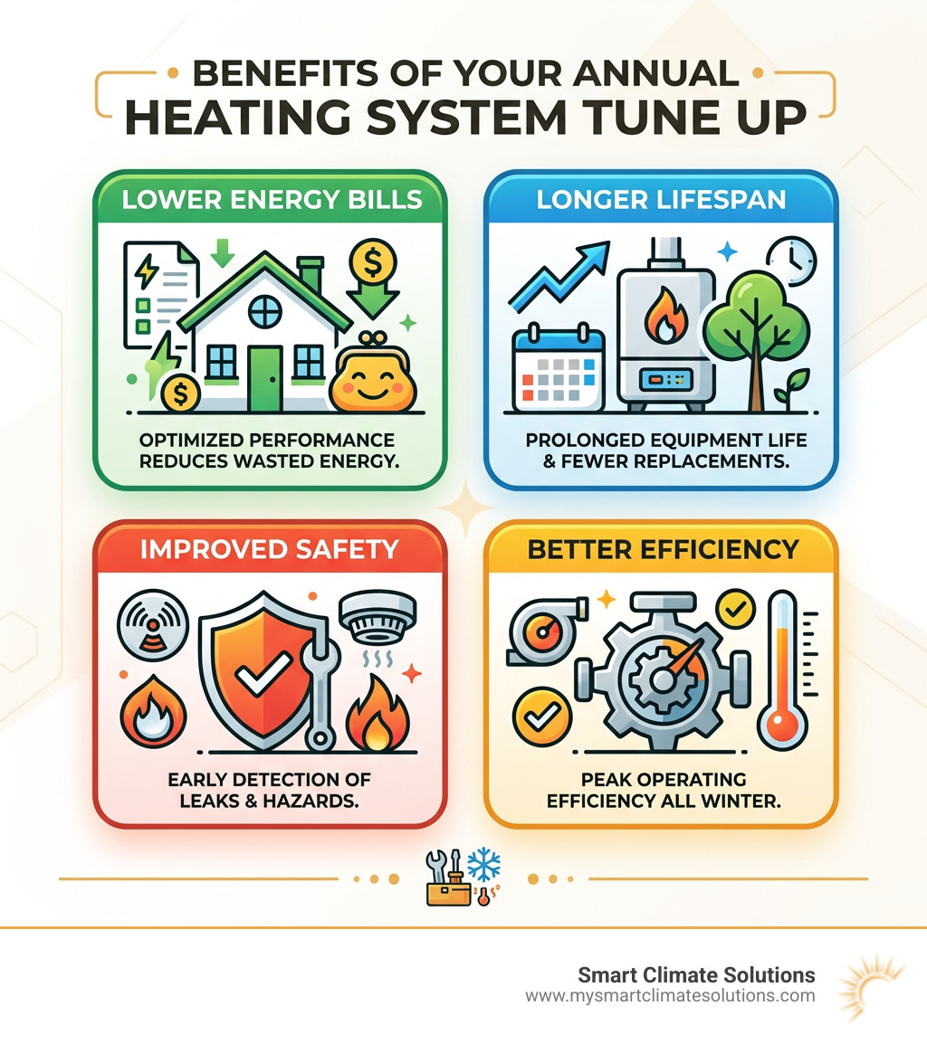 Infographic showing annual heating system tune up benefits: lower bills, longer lifespan, improved safety, and better