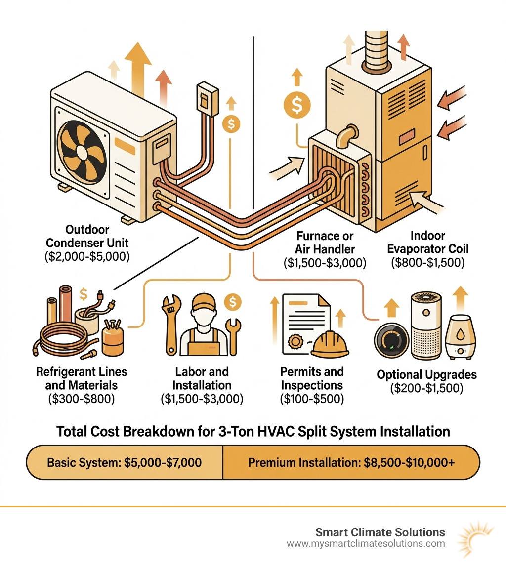 Infographic showing the components of a 3-ton HVAC split system installation, including outdoor condenser unit ($2,000-$5,000), indoor evaporator coil ($800-$1,500), furnace or air handler ($1,500-$3,000), labor and installation ($1,500-$3,000), refrigerant lines and materials ($300-$800), permits and inspections ($100-$500), and optional upgrades like smart thermostats and air purifiers ($200-$1,500). Total cost breakdown ranges from basic systems at $5,000-$7,000 to premium installations at $8,500-$10,000+. - average cost to replace 3 ton hvac system infographic Infographic showing the components of a 3-ton HVAC split system installation, including outdoor condenser unit ($2,000-$5,000), indoor evaporator coil ($800-$1,500), furnace or air handler ($1,500-$3,000), labor and installation ($1,500-$3,000), refrigerant lines and materials ($300-$800), permits and inspections ($100-$500), and optional upgrades like smart thermostats and air purifiers ($200-$1,500). Total cost breakdown ranges from basic systems at $5,000-$7,000 to premium installations at $8,500-$10,000+. - average cost to replace 3 ton hvac system infographic