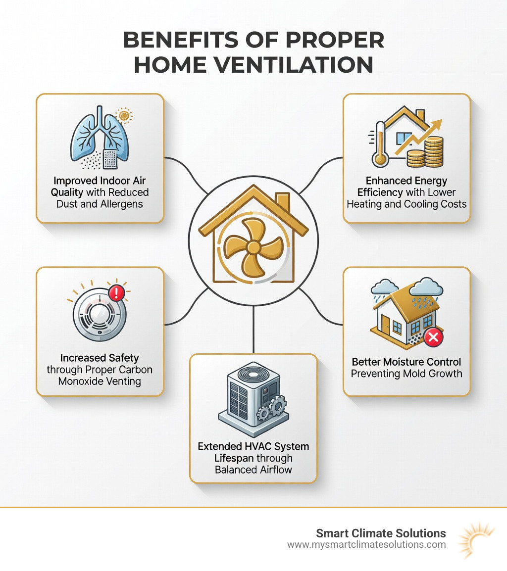 infographic showing the benefits of proper home ventilation including improved indoor air quality with reduced dust and allergens, enhanced energy efficiency with lower heating and cooling costs, increased safety through proper carbon monoxide venting, better moisture control preventing mold growth, and extended HVAC system lifespan through balanced airflow - air vent installation near me infographic infographic showing the benefits of proper home ventilation including improved indoor air quality with reduced dust and allergens, enhanced energy efficiency with lower heating and cooling costs, increased safety through proper carbon monoxide venting, better moisture control preventing mold growth, and extended HVAC system lifespan through balanced airflow - air vent installation near me infographic