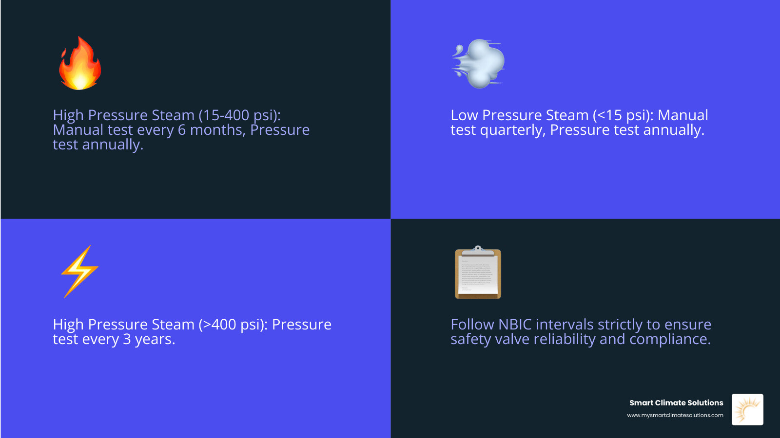 Table comparing testing frequencies: HP Steam (15-400 psi) - Manual 6mo/Pressure Annual; LP Steam (<15 psi) - Manual