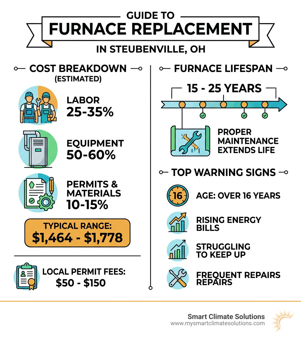 Infographic showing furnace replacement cost breakdown, lifespan, and top warning signs for Steubenville OH homeowners Infographic showing furnace replacement cost breakdown, lifespan, and top warning signs for Steubenville OH homeowners