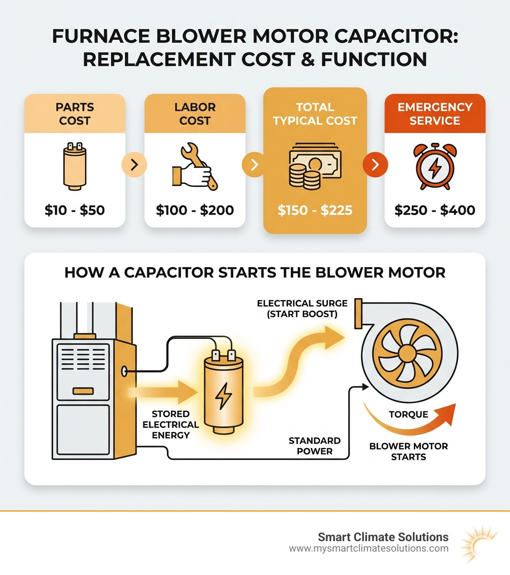 Infographic showing furnace blower motor capacitor replacement cost breakdown with parts cost ranging from $10-50, labor cost from $100-200, total typical cost $150-225, and emergency service $250-400, plus a diagram of how a capacitor provides electrical surge to start the blower motor - furnace blower motor capacitor replacement cost infographic 