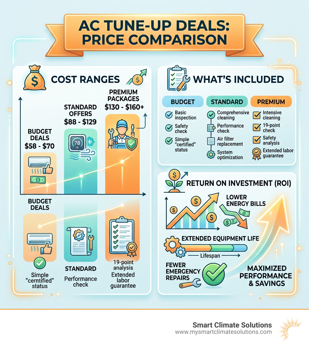 AC tune-up deals price comparison infographic showing cost ranges, inclusions, and ROI of preventative maintenance - ac tune