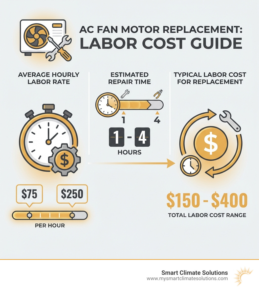 Infographic explaining the average labor cost range for AC fan motor replacement, including hourly rates and typical repair times. - labor cost to replace ac fan motor infographic 