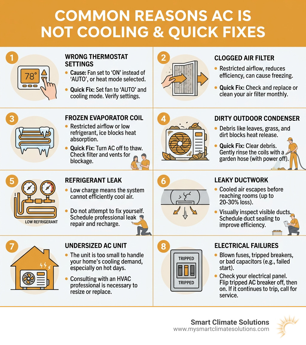 Common reasons why AC is not cooling properly - infographic showing 8 causes and quick fixes - ac not cooling properly Common reasons why AC is not cooling properly - infographic showing 8 causes and quick fixes - ac not cooling properly