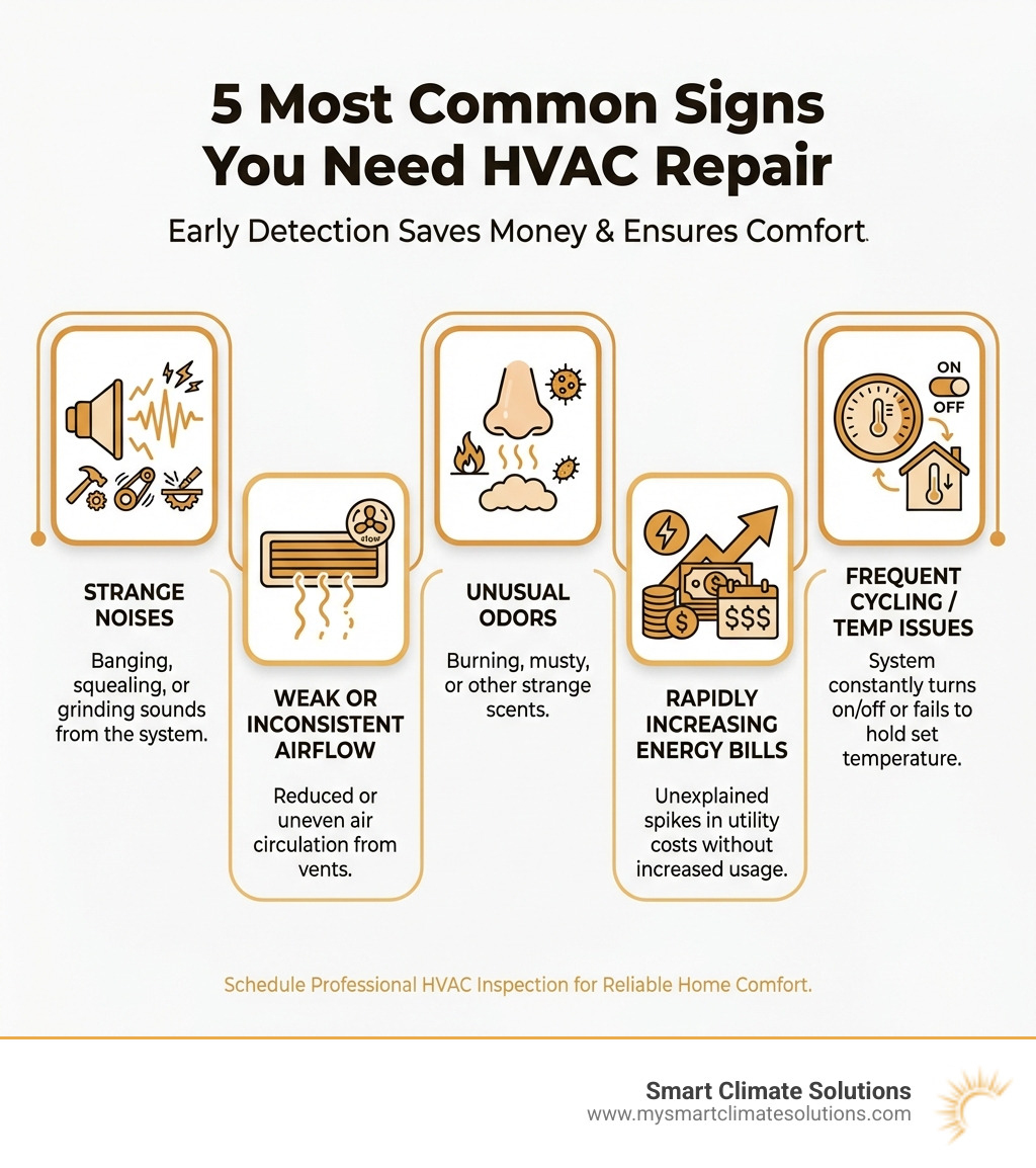 Infographic showing the 5 most common signs you need HVAC repair: 1) Strange noises like banging, squealing, or grinding from your system, 2) Weak or inconsistent airflow from vents, 3) Unusual odors such as burning smells or musty scents, 4) Rapidly increasing energy bills without increased usage, 5) System cycling on and off frequently or not maintaining temperature - hvac repair washington pa infographic 