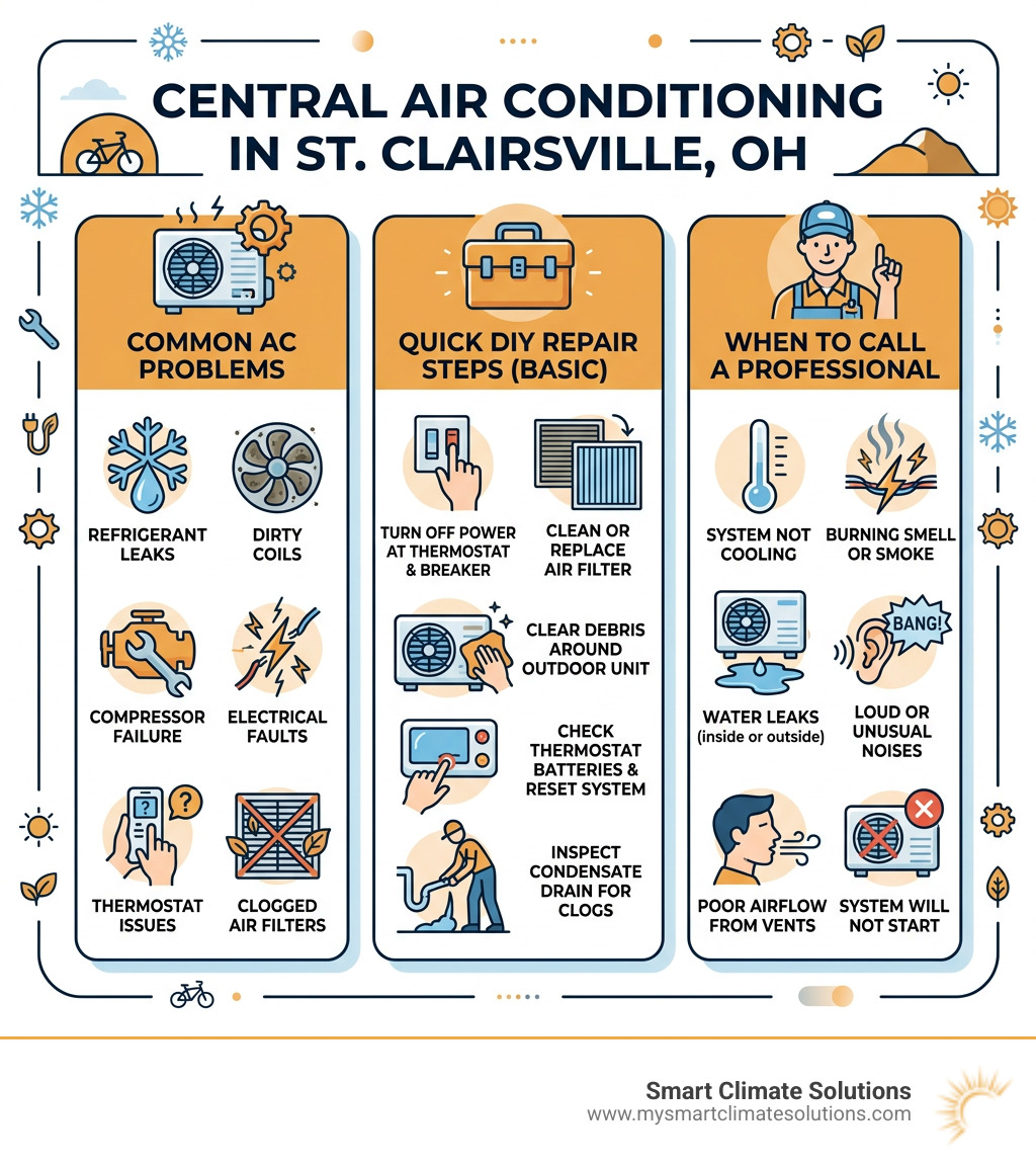 Infographic showing common AC problems in St. Clairsville OH, repair steps, and when to call a pro - air conditioner repair