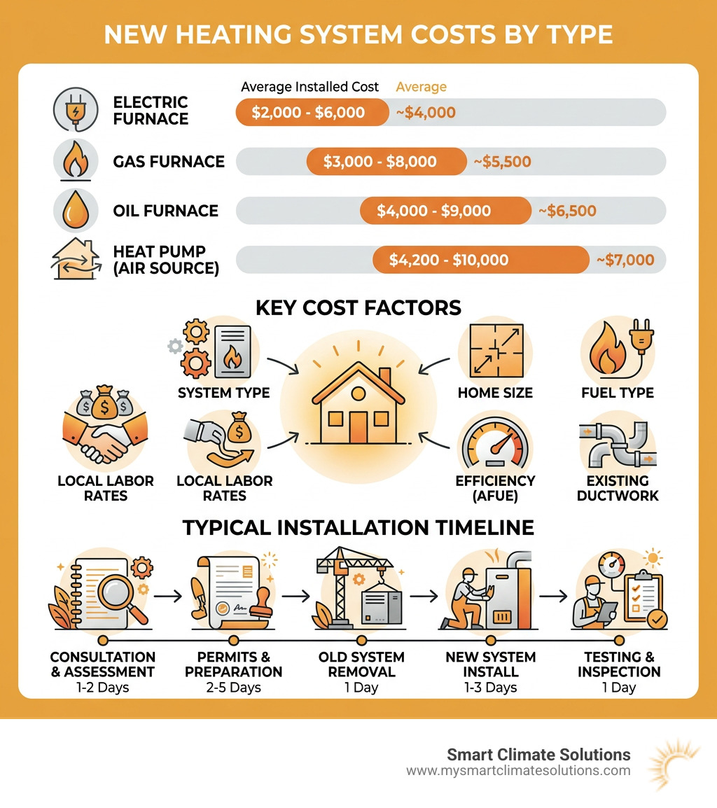 Infographic showing average new heating system costs by type, key cost factors, and typical installation timeline - New