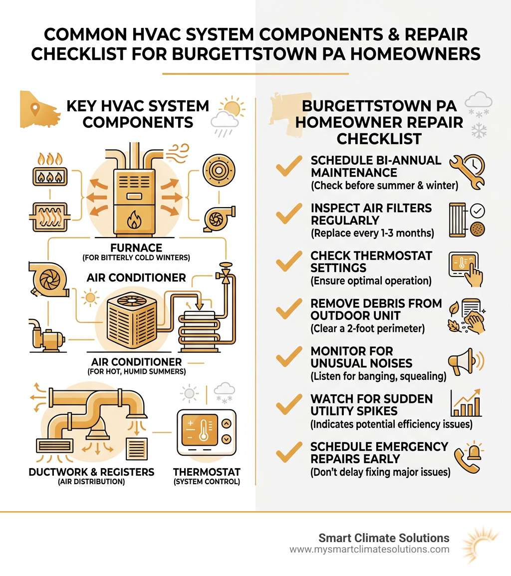 Common HVAC system components and repair checklist for Burgettstown PA homeowners - hvac repair burgettstown pa infographic 