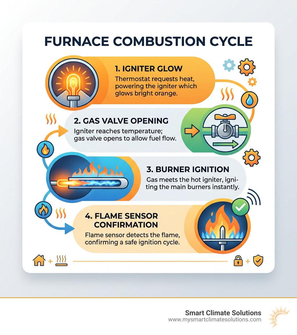 Furnace combustion cycle infographic showing igniter glow, gas valve opening, burner ignition, and flame sensor confirmation