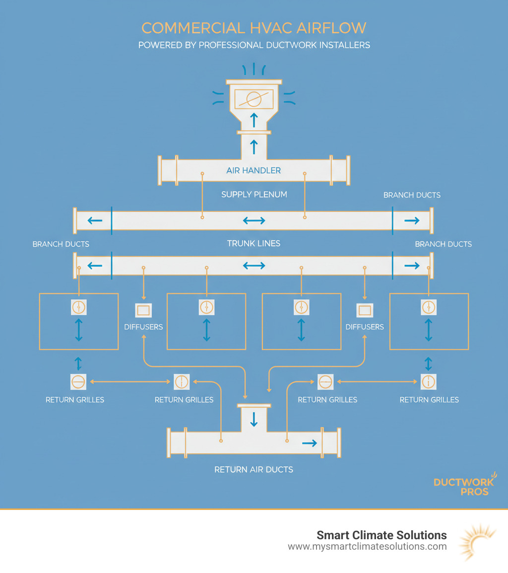 infographic showing the flow of conditioned air from a commercial HVAC unit through main supply ducts branching into smaller ducts that deliver air to different zones in an office building, then returning through return air ducts back to the unit, with labels for supply plenum, trunk lines, branch ducts, diffusers, return grilles, and air handler - ductwork installers infographic infographic showing the flow of conditioned air from a commercial HVAC unit through main supply ducts branching into smaller ducts that deliver air to different zones in an office building, then returning through return air ducts back to the unit, with labels for supply plenum, trunk lines, branch ducts, diffusers, return grilles, and air handler - ductwork installers infographic