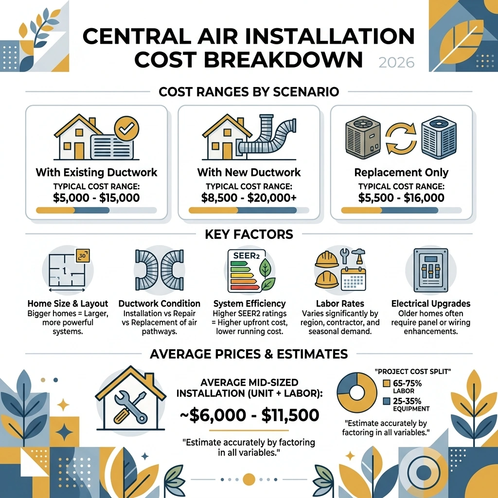 Central air installation cost breakdown infographic showing cost ranges by scenario, key factors, and average prices - how Central air installation cost breakdown infographic showing cost ranges by scenario, key factors, and average prices - how