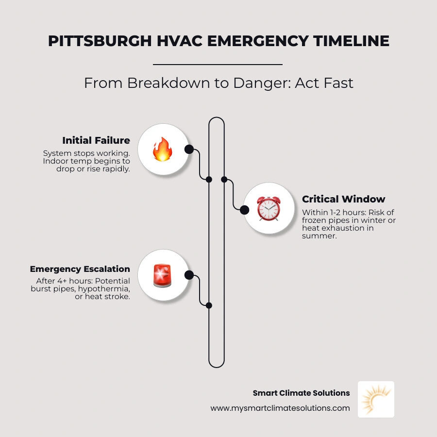 Timeline infographic showing stages of a Pittsburgh HVAC emergency from breakdown to technician arrival - emergency hvac Timeline infographic showing stages of a Pittsburgh HVAC emergency from breakdown to technician arrival - emergency hvac