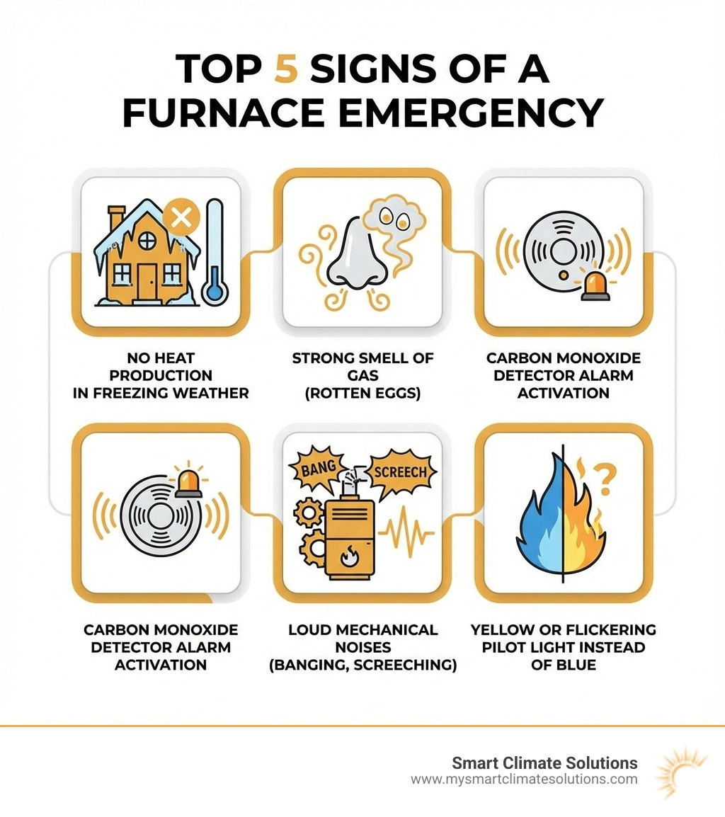 Infographic showing the top 5 signs of a furnace emergency: 1. No heat production in freezing weather, 2. Strong smell of gas (rotten eggs), 3. Carbon monoxide detector alarm activation, 4. Loud mechanical noises like banging or screeching, 5. Yellow or flickering pilot light instead of blue flame - what are the services helpful for emergency furnace repair infographic 