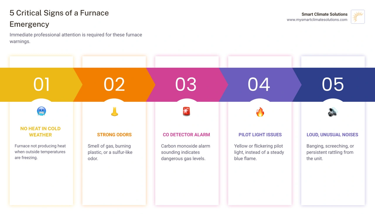 Infographic showing five critical signs of a furnace emergency: no heat during freezing temperatures, strong gas or burning smell, carbon monoxide detector alarm sounding, yellow or flickering pilot light flame, and loud banging or screeching noises from the unit - qualities of a good emergency furnace repair service infographic pillar-5-steps