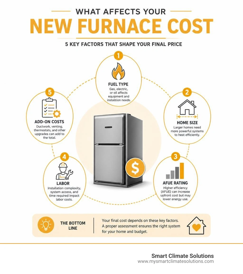 Infographic showing furnace replacement cost factors: fuel type, home size, AFUE rating, labor, and add-on costs infographic