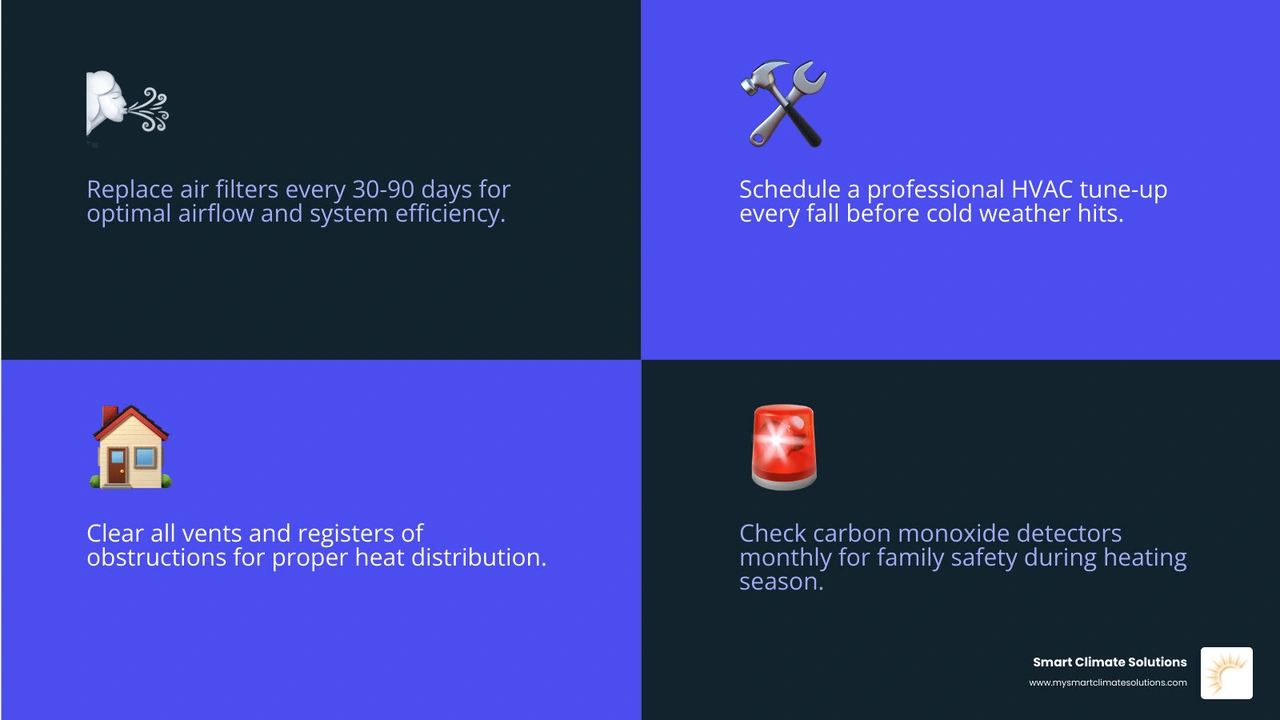 Infographic showing winter HVAC service checklist: replace air filters monthly, schedule professional tune-up in fall, clear all vents, set thermostat to 68 degrees, seal ductwork leaks, test carbon monoxide detectors, inspect furnace ignition system, and check for unusual noises or smells - Winter HVAC service infographic 4_facts_emoji_blue
