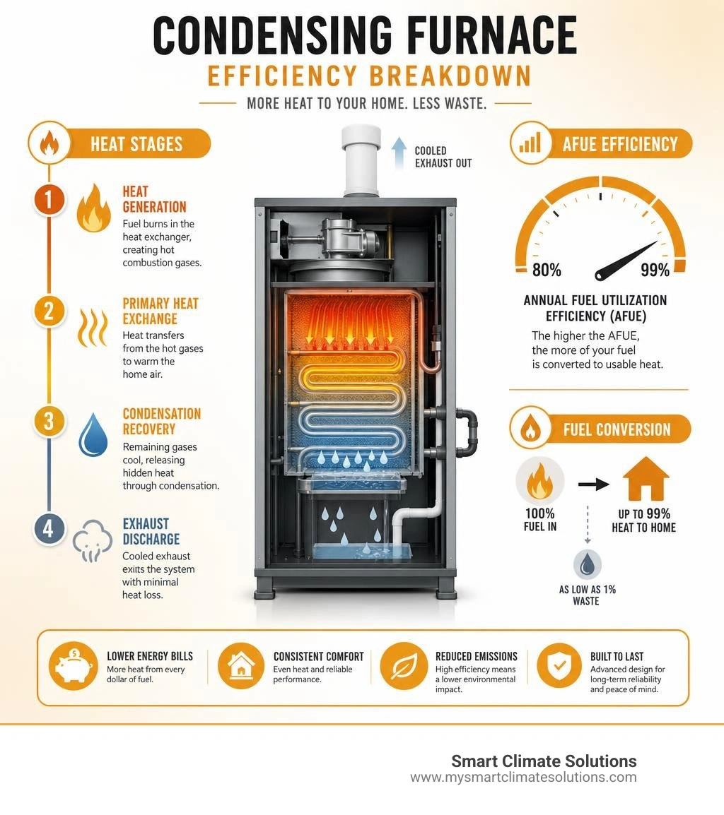 Condensing furnace efficiency breakdown showing heat stages, AFUE ratings, and fuel conversion infographic Condensing furnace efficiency breakdown showing heat stages, AFUE ratings, and fuel conversion infographic