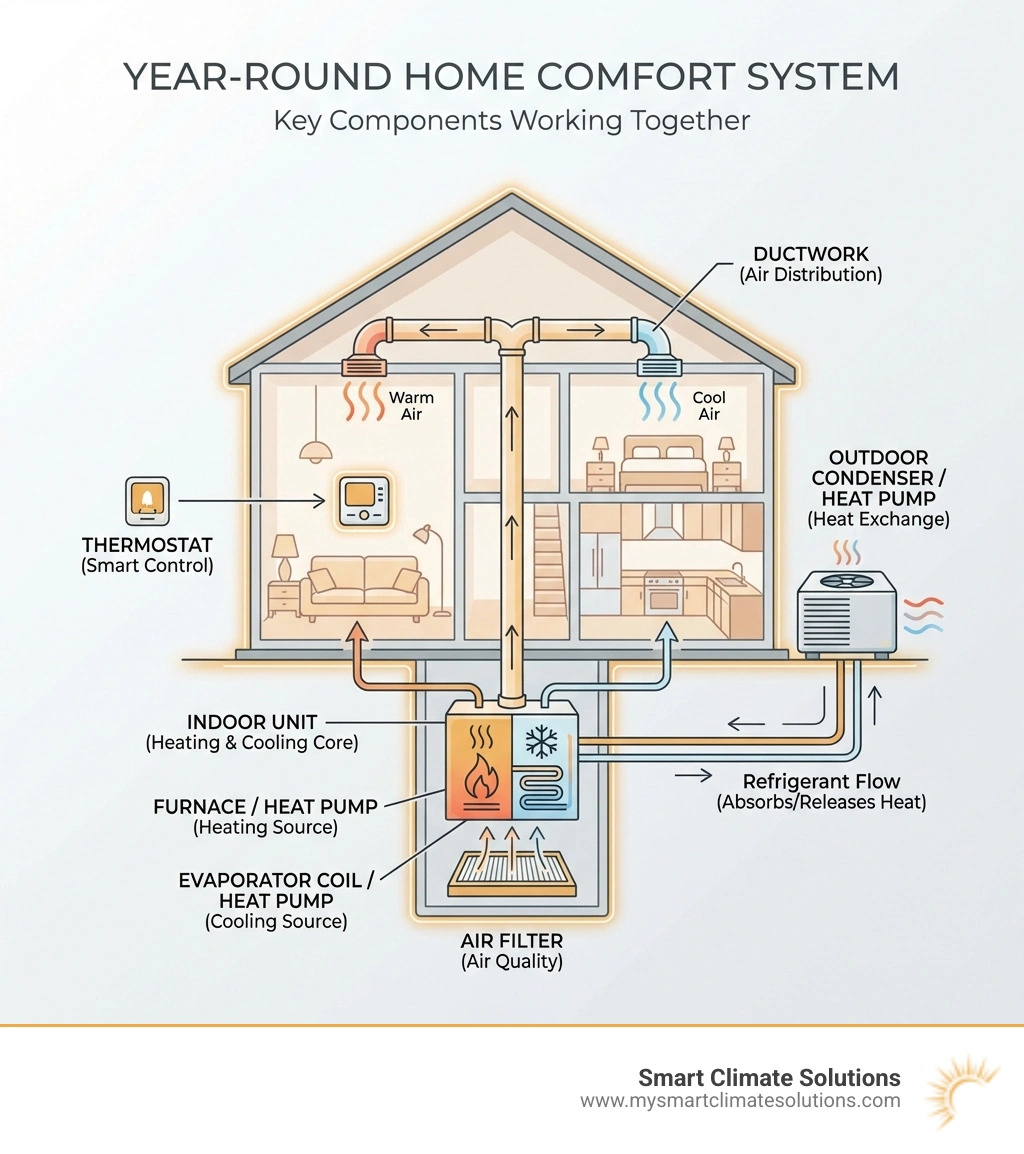 Infographic showing the key components of a residential HVAC system including furnace or heat pump for heating, air conditioner or heat pump for cooling, ductwork for air distribution, thermostat for temperature control, air filter for air quality, and outdoor condenser unit, with labels indicating how each component works together to maintain year-round home comfort - expert HVAC repair infographic Infographic showing the key components of a residential HVAC system including furnace or heat pump for heating, air conditioner or heat pump for cooling, ductwork for air distribution, thermostat for temperature control, air filter for air quality, and outdoor condenser unit, with labels indicating how each component works together to maintain year-round home comfort - expert HVAC repair infographic