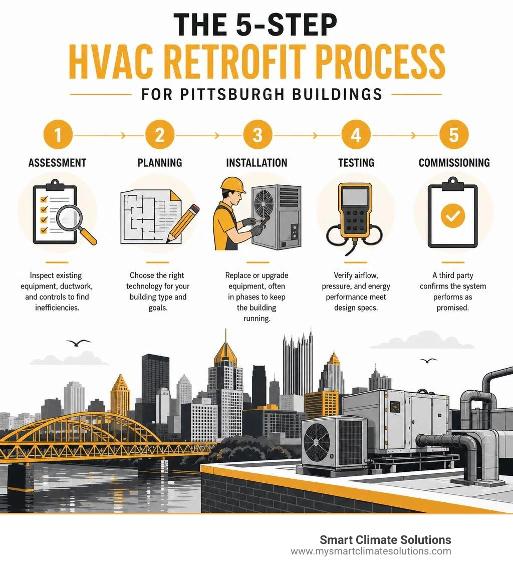 Infographic showing the 5-step HVAC retrofit process for Pittsburgh buildings from assessment to commissioning infographic