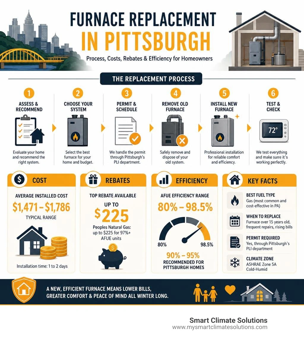 Infographic showing furnace replacement process steps, costs, rebates, and efficiency ratings for Pittsburgh homeowners