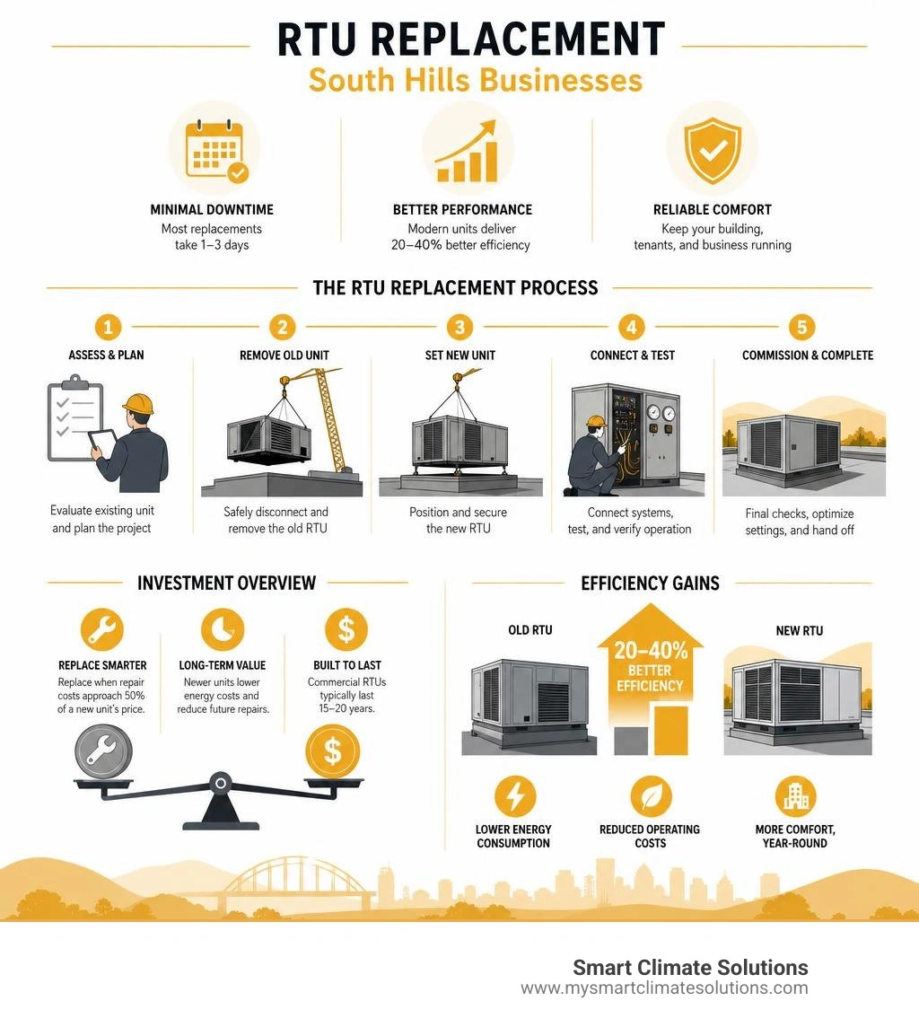 Infographic showing RTU replacement process steps, costs, and efficiency gains for South Hills businesses infographic