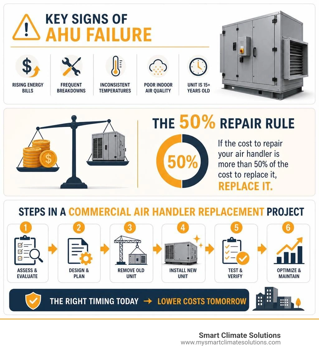 Infographic showing key signs of AHU failure, the 50% repair rule, and steps in a commercial air handler replacement project Infographic showing key signs of AHU failure, the 50% repair rule, and steps in a commercial air handler replacement project