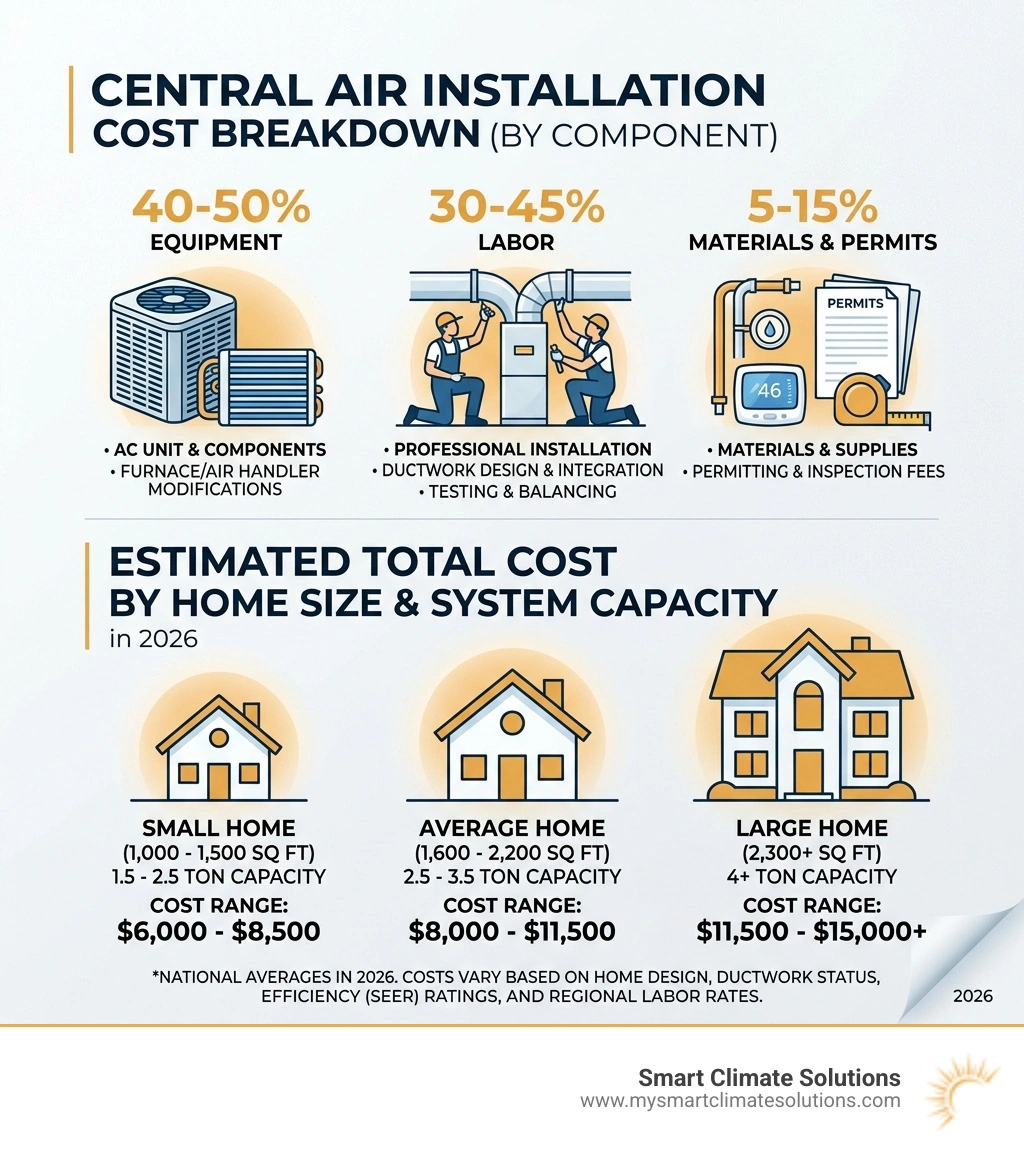 infographic showing central air installation cost breakdown by component and home size - cost to install central air infographic showing central air installation cost breakdown by component and home size - cost to install central air
