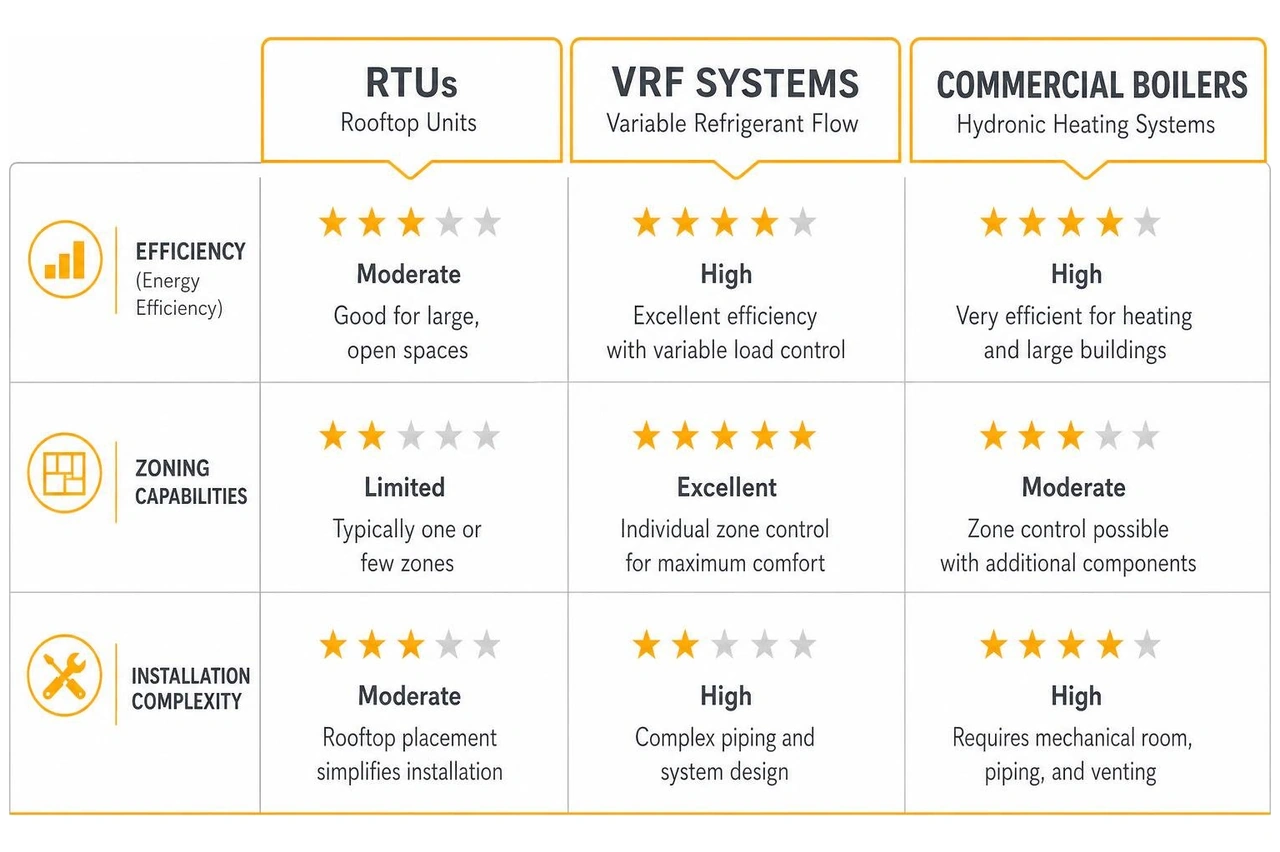 Comparison diagram of RTUs, VRF systems, and commercial boilers showing efficiency, zoning capabilities, and installation Comparison diagram of RTUs, VRF systems, and commercial boilers showing efficiency, zoning capabilities, and installation