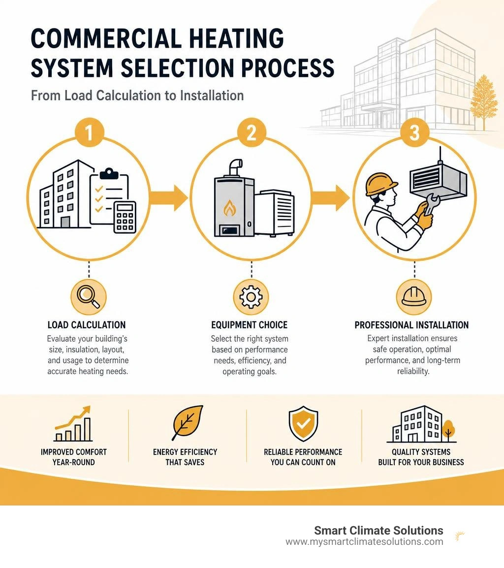 infographic showing commercial heating system selection process steps from load calculation to equipment choice to infographic showing commercial heating system selection process steps from load calculation to equipment choice to