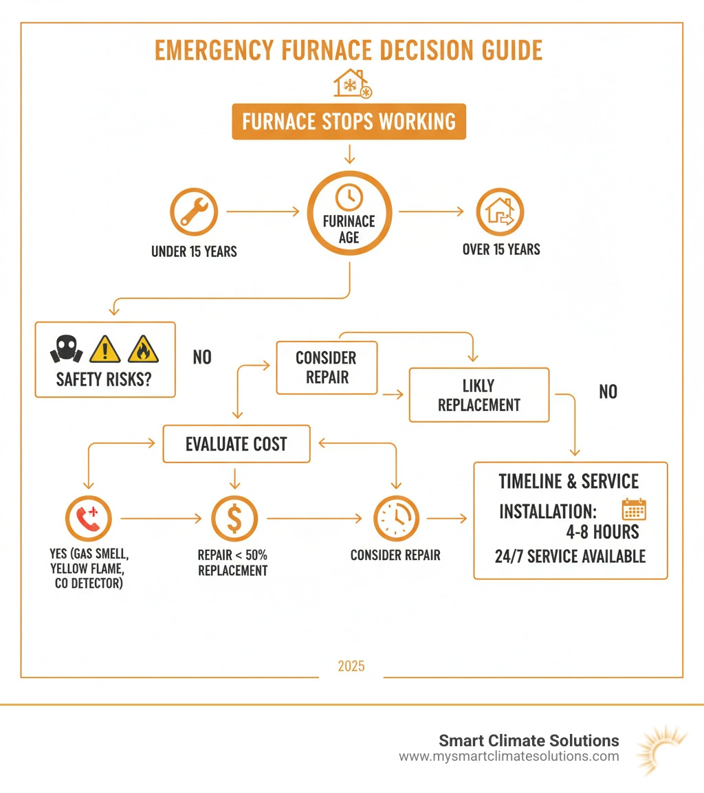 Infographic showing decision tree for emergency furnace situations: Check furnace age (under 15 years = consider repair, over 15 years = likely replacement needed), assess safety risks (gas smell, yellow flame, CO detector = evacuate and call 911), evaluate cost (repair over 50% of replacement cost = choose installation), and timeline expectations (emergency installation typically completes in 4-8 hours with 24/7 service available) - Emergency furnace installation infographic Infographic showing decision tree for emergency furnace situations: Check furnace age (under 15 years = consider repair, over 15 years = likely replacement needed), assess safety risks (gas smell, yellow flame, CO detector = evacuate and call 911), evaluate cost (repair over 50% of replacement cost = choose installation), and timeline expectations (emergency installation typically completes in 4-8 hours with 24/7 service available) - Emergency furnace installation infographic