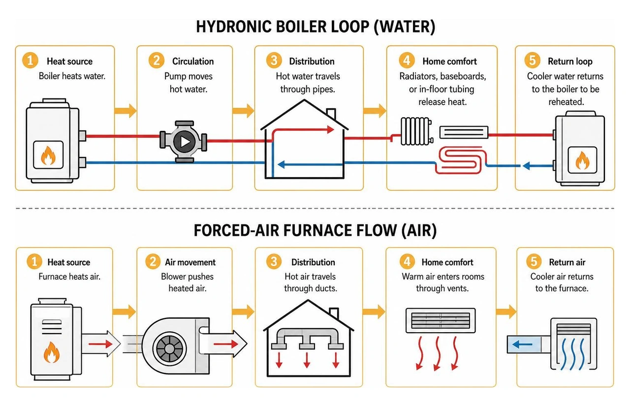 Step-by-step hydronic boiler loop vs forced-air furnace flow