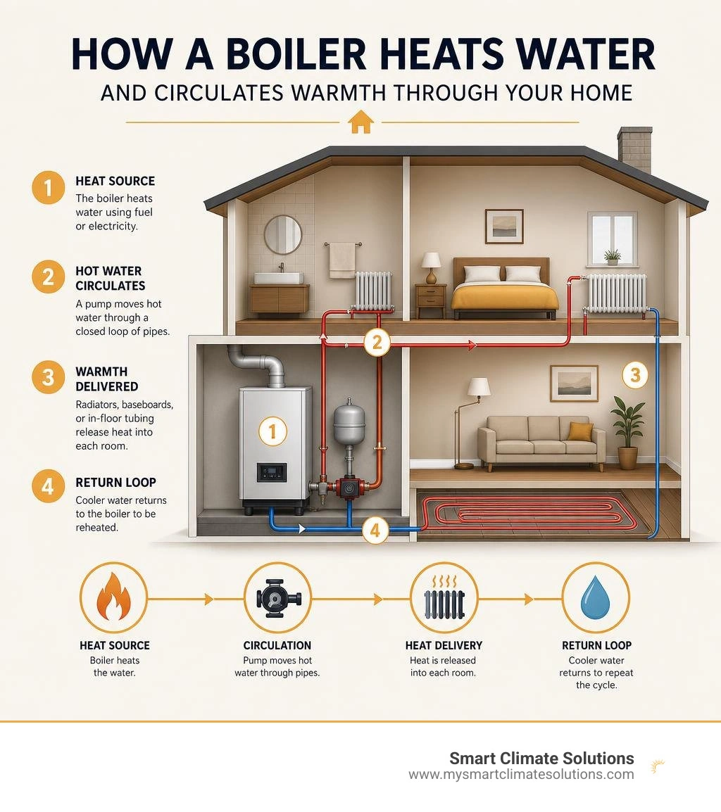 How a boiler heats water and circulates warmth through a house infographic