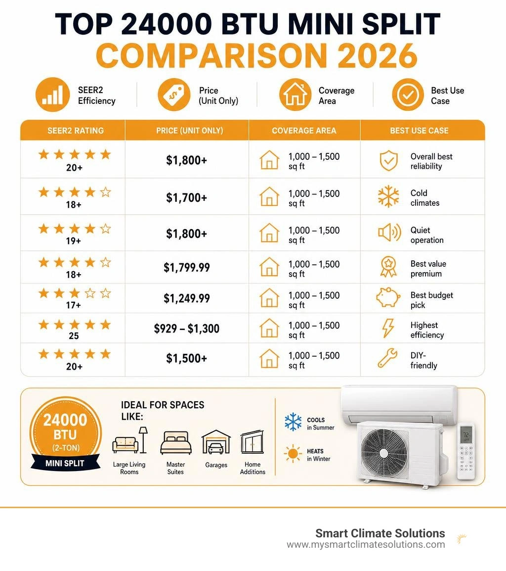 Infographic showing top 24000 BTU mini split comparisons including SEER2, price, coverage area, and best use case infographic Infographic showing top 24000 BTU mini split comparisons including SEER2, price, coverage area, and best use case infographic