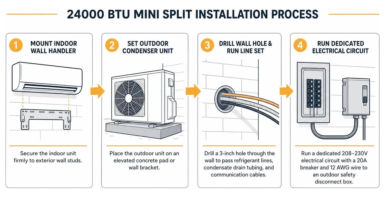 Diagram showing step by step sequence of professional 24000 BTU mini split installation process Diagram showing step by step sequence of professional 24000 BTU mini split installation process